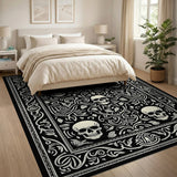 Gothic Skull Floral Black White Area Rug