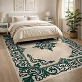 Ornate Teal Border Cream Area Rug