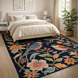 Whimsical Birds Blooms Navy Area Rug