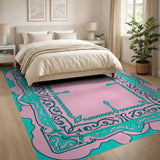 Ornate Pink Teal Persian Border Rug