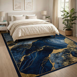 ODIKA Washable Navy Blue and Gold Marble Abstract Area Rug - Low Pile Non-Slip Carpet