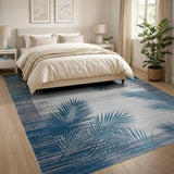 Coastal Blue Palm Leaf Grey Area Rug