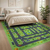 Washable City Road Map Kids Play Rug - Low Pile Non-Slip Playroom Mat