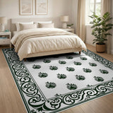 Green Floral Motif Rug with Ornate Baroque Border