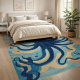 Blue and Teal Blue Octopus Coastal Area Rug