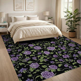 Purple Rose Floral Area Rug on Black