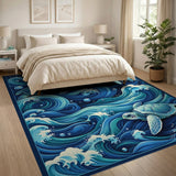 ODIKA Blue Sea Turtle Ocean Wave Washable Area Rug - Low Pile & Non-Slip