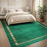 Emerald Green Gold Dot Bordered Area Rug