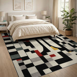 Abstract Geometric Area Rug Black White Red Accents