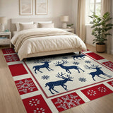 Festive Navy Reindeer Snowflake Red Border Area Rug