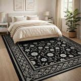 Ornate Black White Daisy Floral Rug