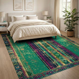 Green Striped Heritage Tribal Area Rug