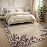 Ornate Beige Area Rug with Maroon Floral Border