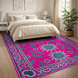ODIKA Washable Bohemian Pink Sun & Feather Low Pile Area Rug