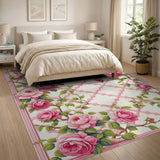 ODIKA Pink Rose Floral Trellis Washable Area Rug - Low Pile Non-Slip Vintage Romantic Carpet