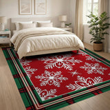 Festive Red Snowflake Plaid Border Area Rug