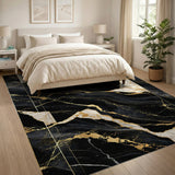 ODIKA Modern Black and Gold Marble Washable Rug - Low Pile Non-Slip Luxury Area Rug