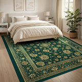 Green Emerald Green Persian Floral Area Rug with Gold Accents
