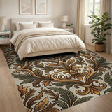 Elegant Gold Green Floral Damask Area Rug