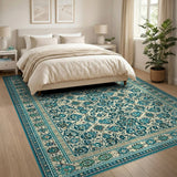 Teal Persian Area Rug with Ivory Floral Motifs