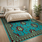 Elegant Teal Persian Area Rug with Ornate Maroon Motifs