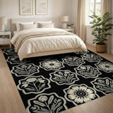 Black White Vintage Floral Motif Area Rug