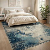Washable Vintage Nautical Compass Area Rug, Distressed Navy Blue Low Pile Non-Slip Rug