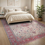 Red Border Ivory Persian Floral Area Rug