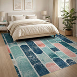 Blue Teal Distressed Geometric Arch Rug