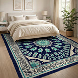 Teal Mandala Persian Area Rug in Navy