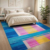 Vibrant Blue Pink Yellow Brushstroke Striped Area Rug