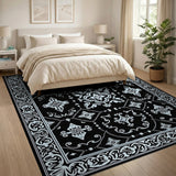 Black Persian Area Rug with Intricate Blue Motifs