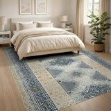 Navy Blue Gold Geometric Border Area Rug
