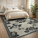 Navy Floral Cream Border Area Rug