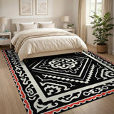 Intricate Black White Persian Area Rug with Red Border