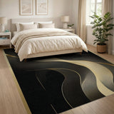 Gold and Silver Black Gold Fluid Wave Abstract Area Rug
