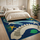 Navy Blue Seashell Starfish Coastal Area Rug