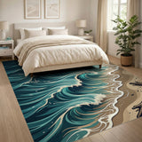 Blue and Teal Teal Ocean Waves Crashing on Sandy Beach Rug