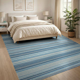 ODIKA Blue and White Striped Washable Area Rug - Low Pile Non-Slip Coastal Living Room Carpet