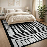 Bold Geometric Grid Black White Area Rug