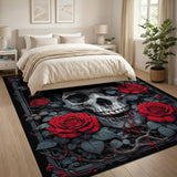 ODIKA Gothic Skull and Red Roses Washable Area Rug - Non-Slip Low-Pile Home Decor