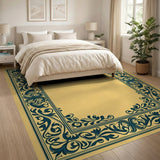 Ornate Teal Floral Frame Beige Area Rug