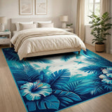Teal Palm Fronds Hibiscus Coastal Area Rug