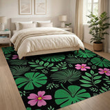 Lush Monstera Leaves Pink Hibiscus Black Area Rug