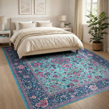 Teal Persian Area Rug with Pink Florals Birds