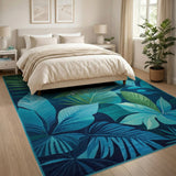 Blue Teal Leaves Washable Area Rug