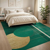 Emerald Green Gold Geometric Grid Area Rug