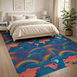 Vibrant Rainbow World Map Wave Area Rug