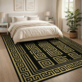 Black Area Rug with Golden Greek Key Design