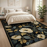 Exquisite Ivory Floral Black Area Rug